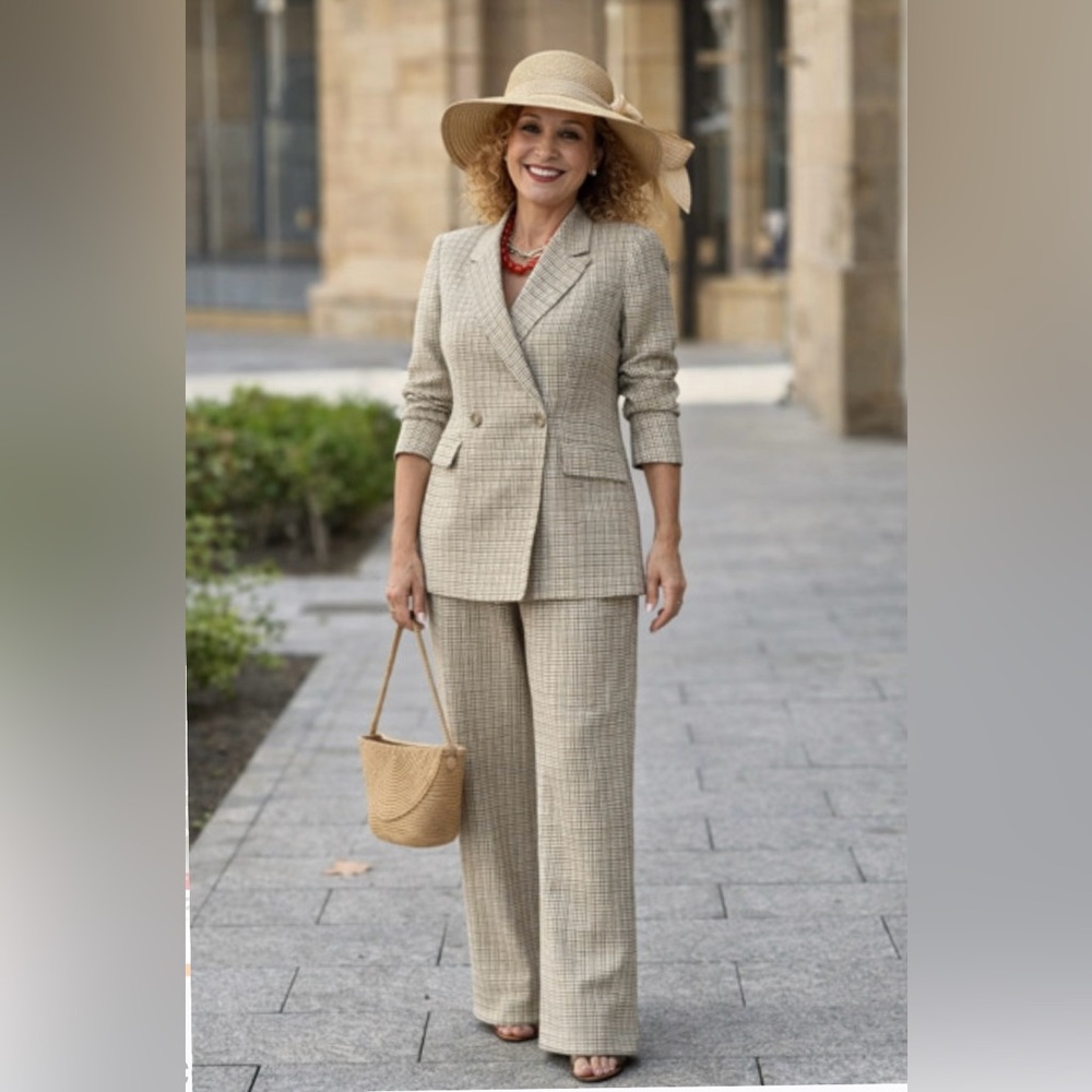 Source Unknown Tan Checkered Pantsuit - image 1